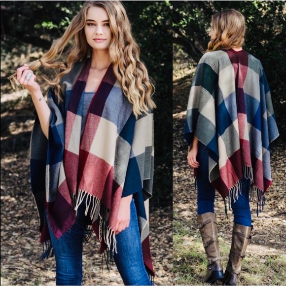 WILA Jackets & Blazers - LAST 1🍂 plaid poncho wrap maroon navy tassels